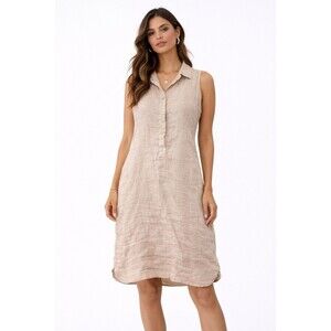 Lina Tomei Italy 100% Linen Sleeveless Shirt Dress Beige Button Front S